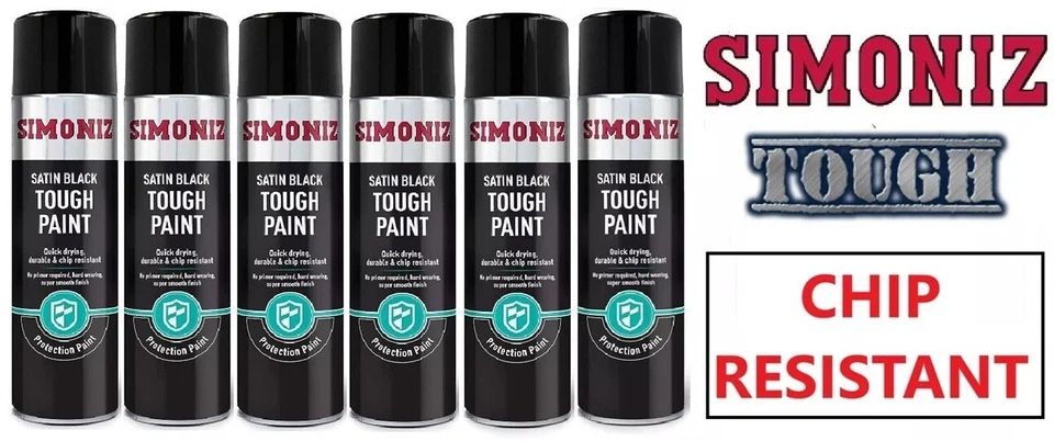 6 x SIMONIZ 500ml TOUGH Satin Black Paint Quick Drying Durable Chip Resistant