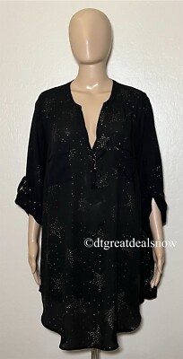 Torrid Harper Blouse Black Gold Star Design 3/4 Roll Tab Sleeve Tunic Size 3