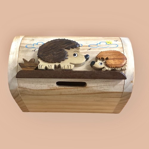 Personalised Wooden Hedgehog Money Box - Engraved Children's Birthday Gift - Picture 2 of 10