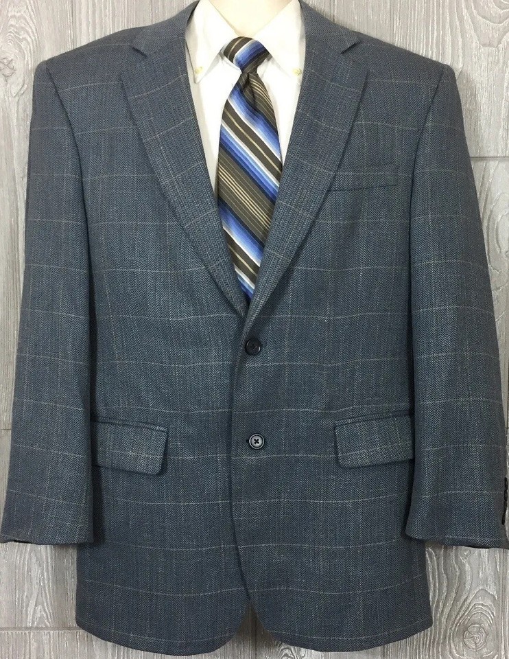 Jos A Bank Mens Blue Windowpane Silk/Wool/Linen Sport Coat Jacket 40R