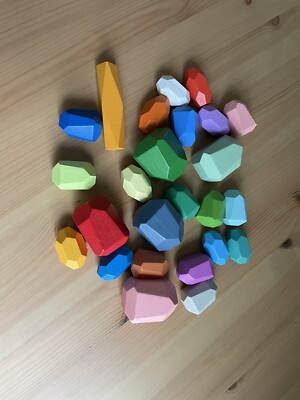 25 Wooden Sorting Stacking Rocks Gems Rainbow Building Blocks Montessori