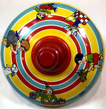 Vintage J Chein Tin Toy Litho Spinning Top Wood Handle
