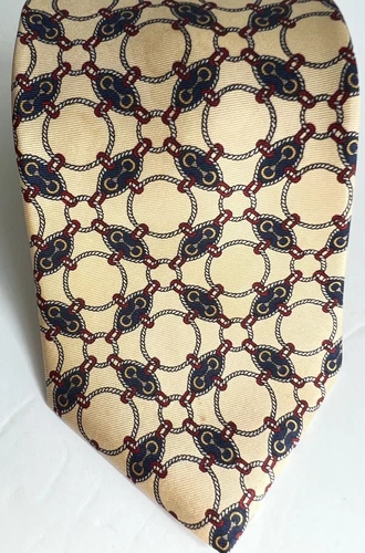 BERT PULITZER Men's 100% Silk Tie Geometric Pale Yellow Navy Red Vintage USA 57"