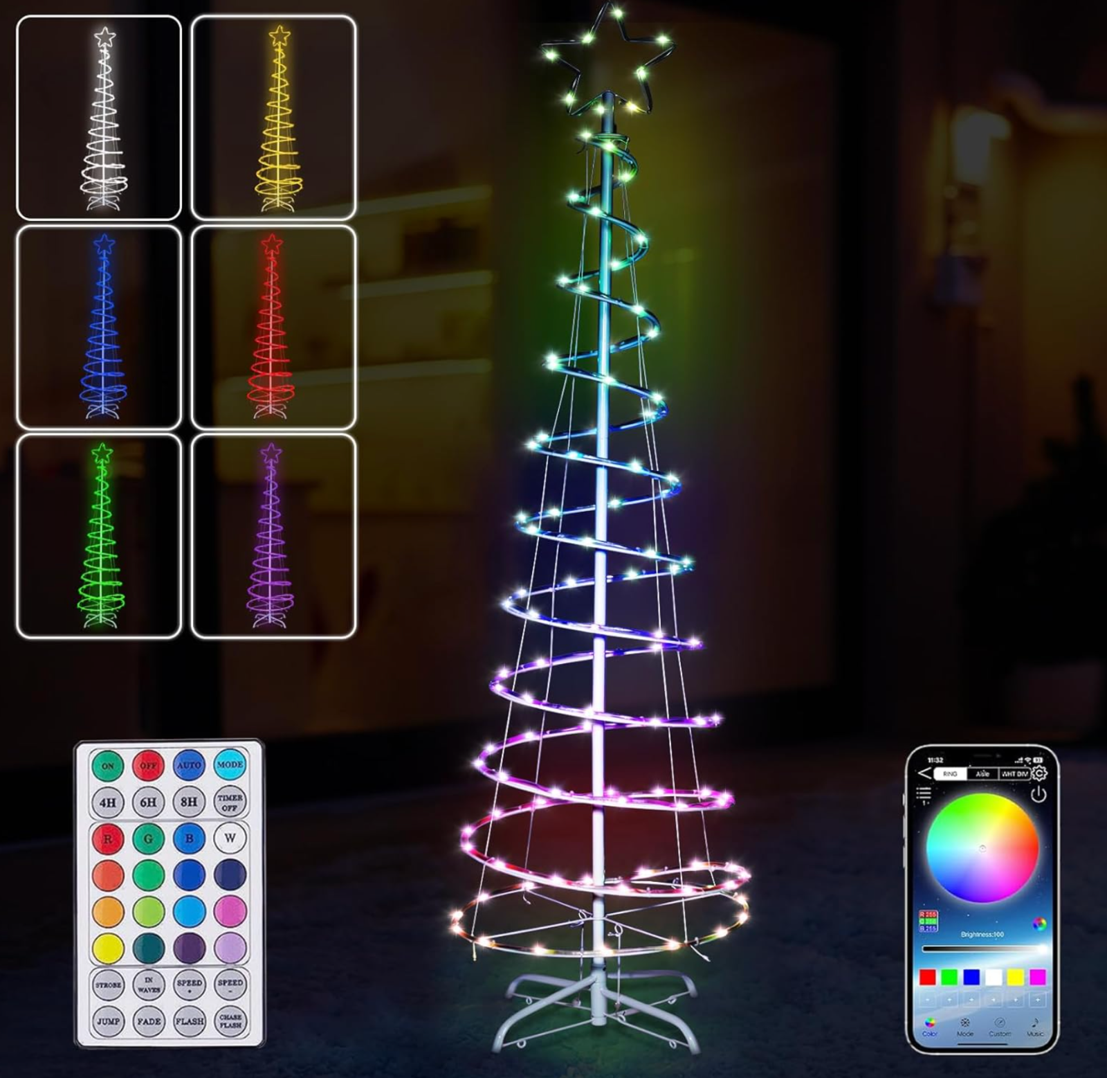 6FT 185-LED Smart Spiral Christmas Tree with Music Sync, Remote & App Control