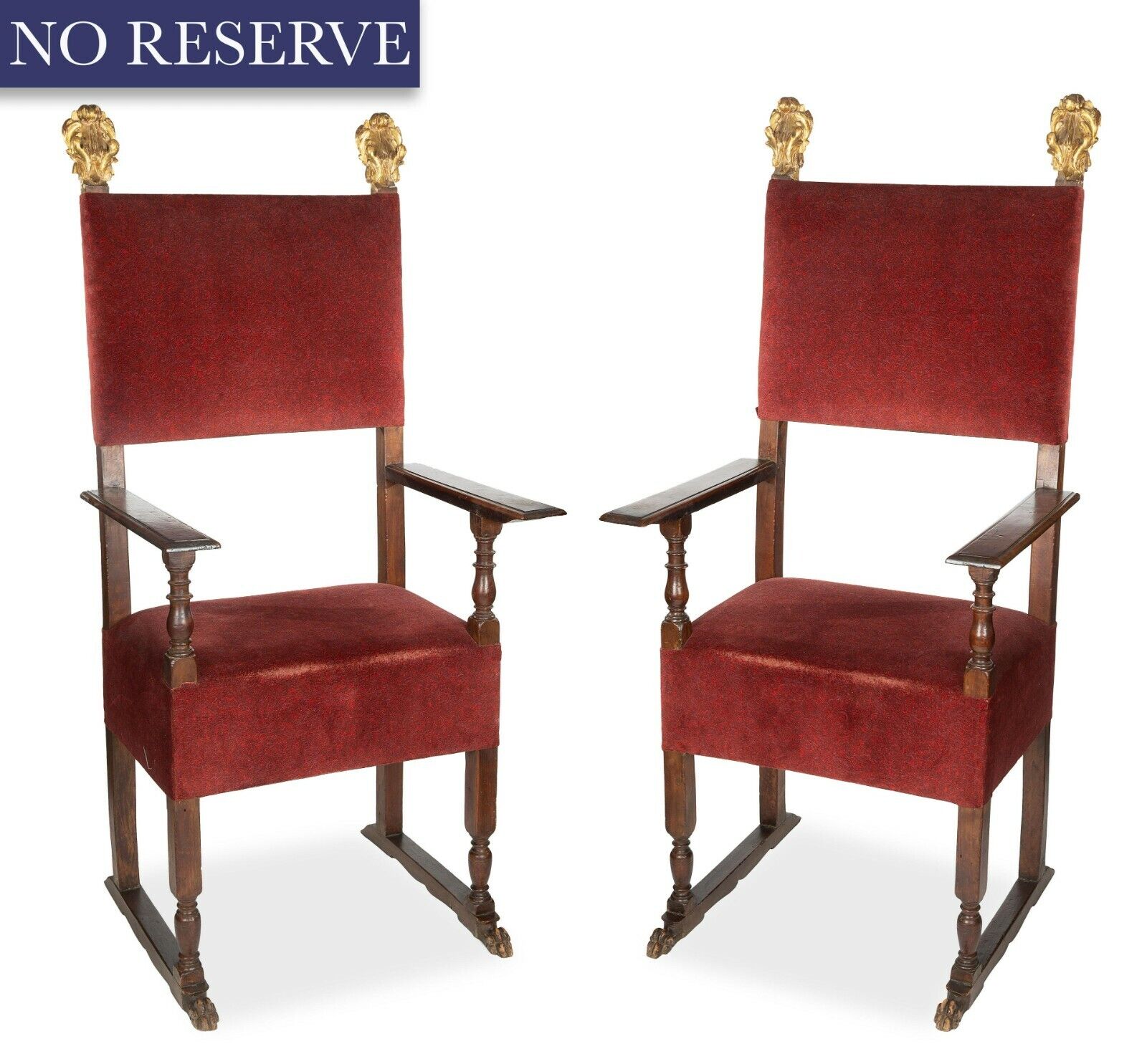 Antique Throne Chairs, Italian Gilt and Carved Wood, Red, A Pair, 1700's, 18th C