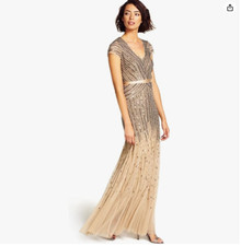 Adrianna Papell Women's Long Beaded V-Neck Dress with Cap Sleeves (Nude, 14)