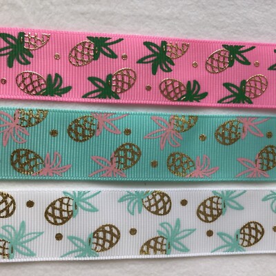 Gold foil pineapples on white or pink or aqua blue grosgrain ribbon 1 