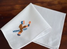 VINTAGE HANKY EMBROIDERED FOOTBALL PLAYER KICKING A BALL "WEDNESDAY" ON WHITE