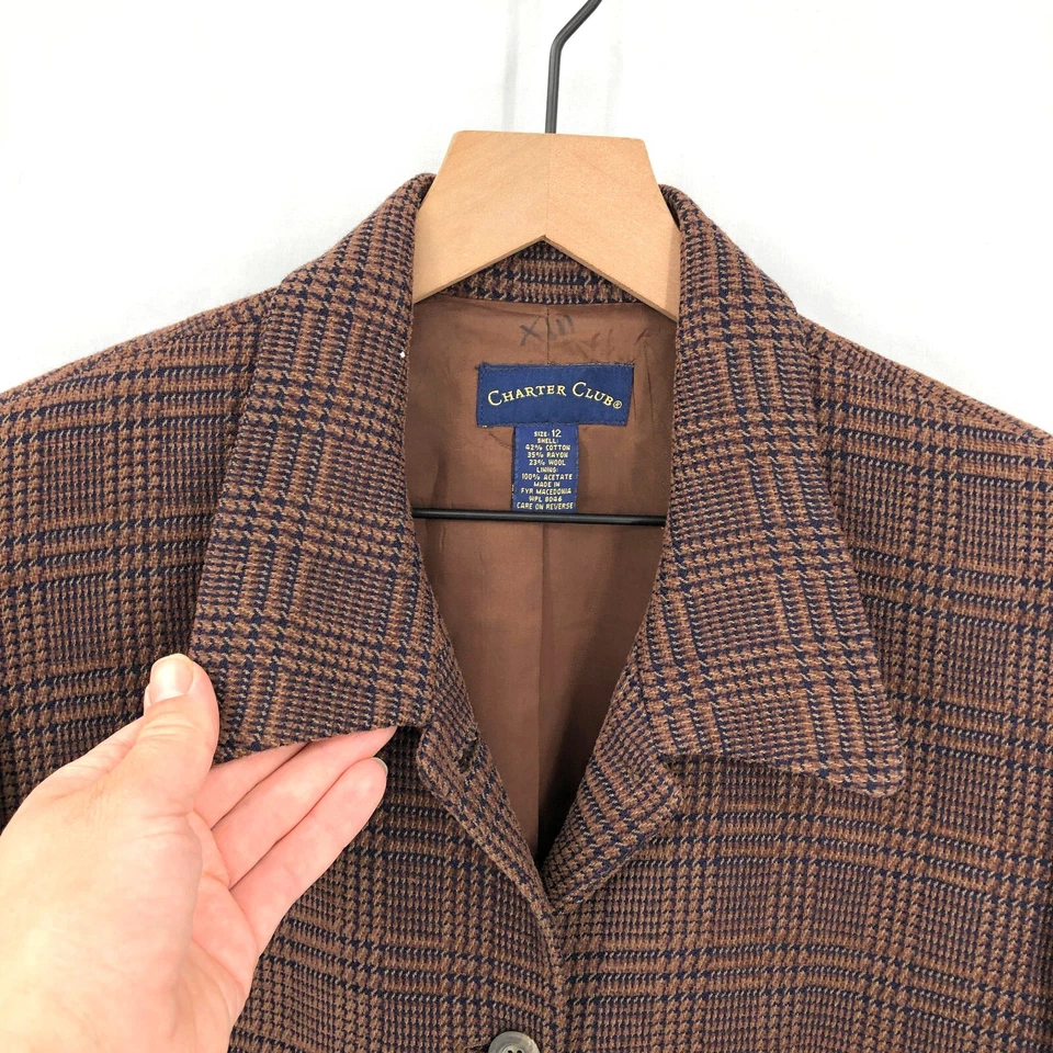 Blazer curto vintage CHARTER CLUB mistura de lã academia marrom azul marinho xadrez 12 - Imagem 2 de 4