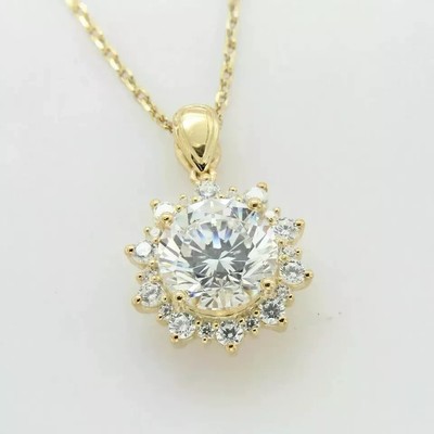 2.00 CT Round Cut Moissanite Sun Flower Pendant Necklace 14K Yellow Gold Plated