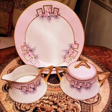 Antique~J.P.L. Limoges France~Pink & Gold Gilt~Creamer, Sugar & 8 Lunch Plates 