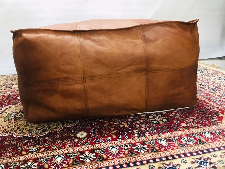 New Brown Leather Boho Footstool Brown Moroccan Handcrafted Genuine Pouffe - Image 4 of 4