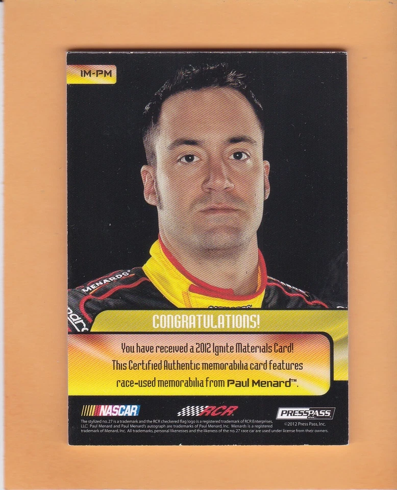PAUL MENARD 2012 PRESS PASS IGNITE MATERIALS SP 99 RACE USED FIRE SUIT #IM-PM - Image 2 of 2
