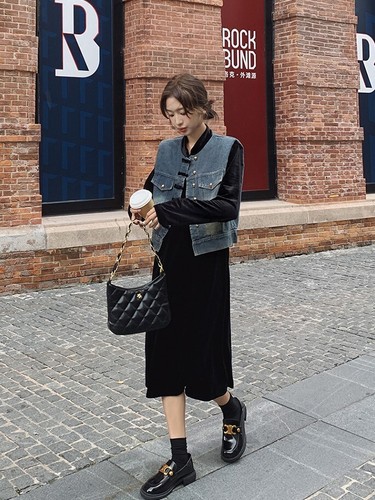 Midi Dress Denim Vest Set Women Long Sleeve Round Neck Black Velvet Size 6-14 - Picture 18 of 18