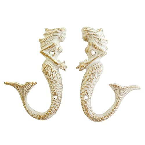 Set of 2 Mermaid Cast Iron Decorative Wall Hooks, White Mermaid Wall