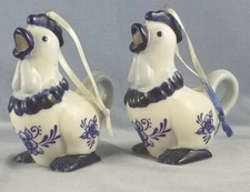 MINI CHICKEN CREAMER ORNAMENTS Lot of Two White w/Blue Decoration Eiserman