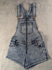 Vintage Wash Medium Denim Overall Shorts Zip Front Bib Festival Y2K Western