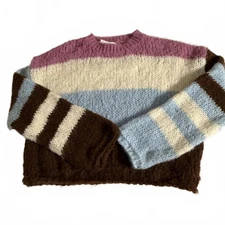 Double Zero Mystical Medium pink blue brown Striped Cropped Loose Knit Sweater