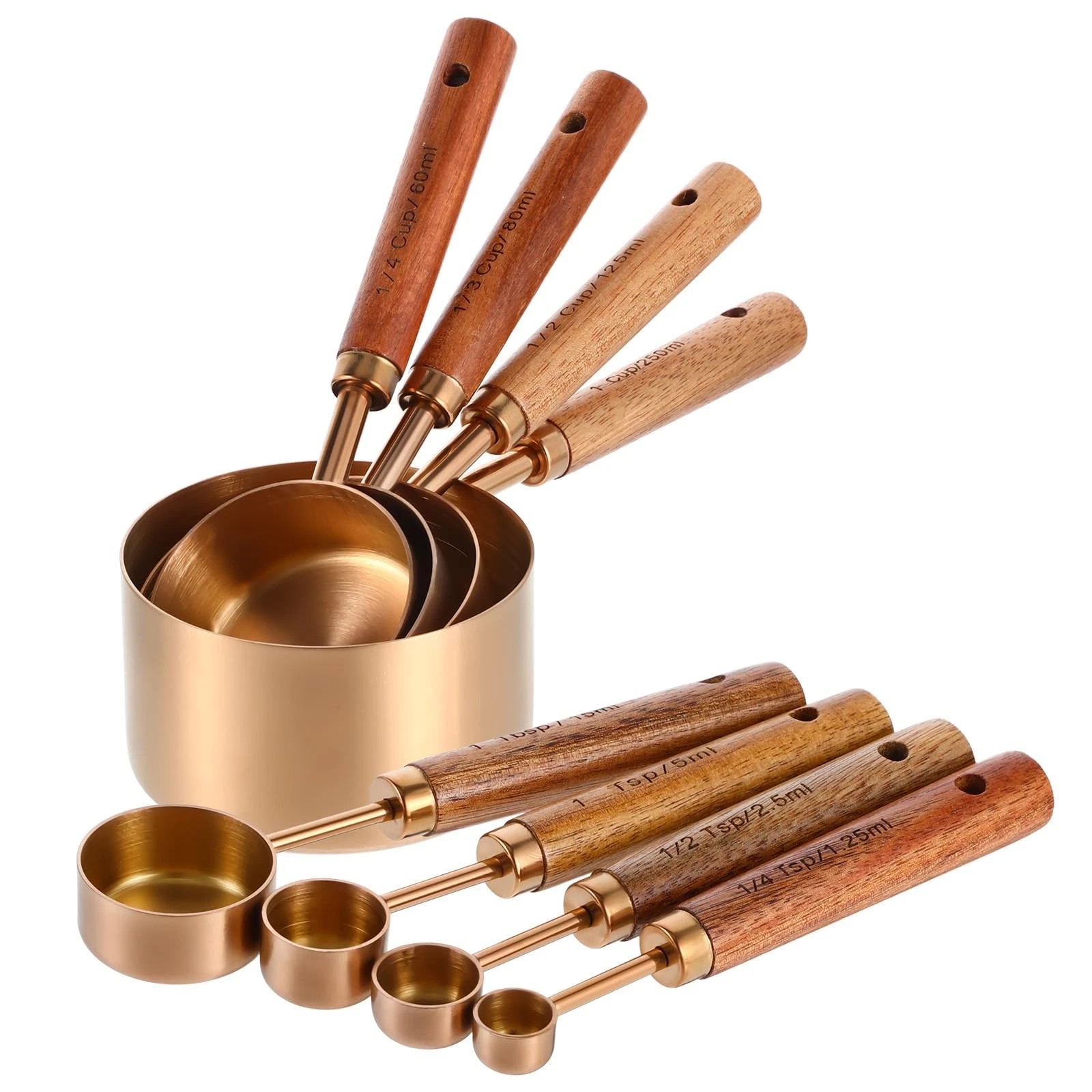 8-Piece Stainless Steel Measuring Cups and Spoons Set - Rose Gold Baking Meas...