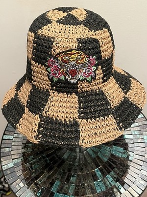 Ed Hardy Bucket Hat Checkered Tiger Black & Tan Straw Sz OS NWT