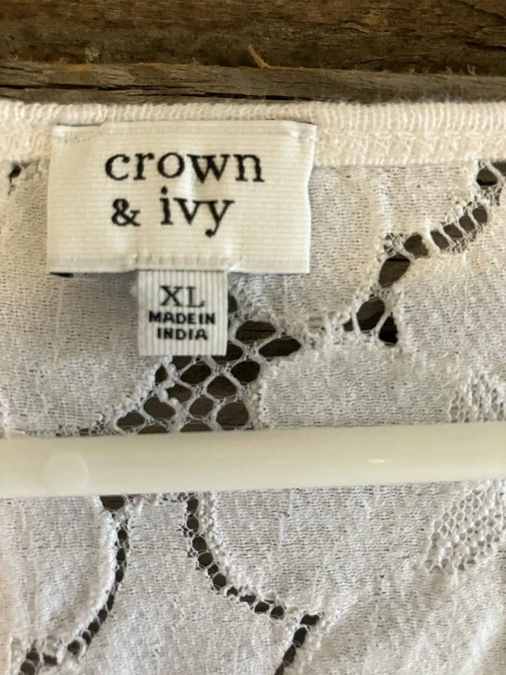 Camisa para mujer Crown and Ivy 100 % lino XL con ribete de encaje de algodón/nylon blanca Foto 2 de 3