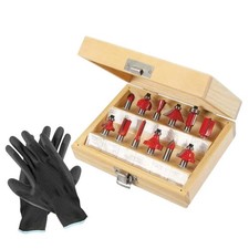 Tct Router Bit Set 12pce 8mm Shank With 10.5" Nitrile Coated Work Golves