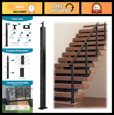 36'' Black Stainless Steel Square Stair Post - Adjustable Cable Railing Kit for 2