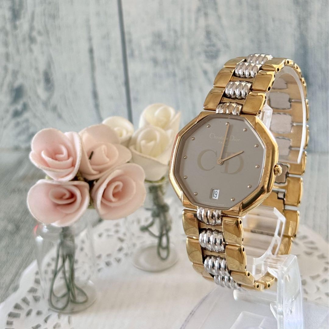 Rare Christian Dior Octagon Watch Gray Gold Silver 3.2cm 17cm 6.7