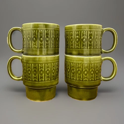 Vtg Japan MCM Olive green nesting Pottery Mugs 8oz Cups Has Crazing