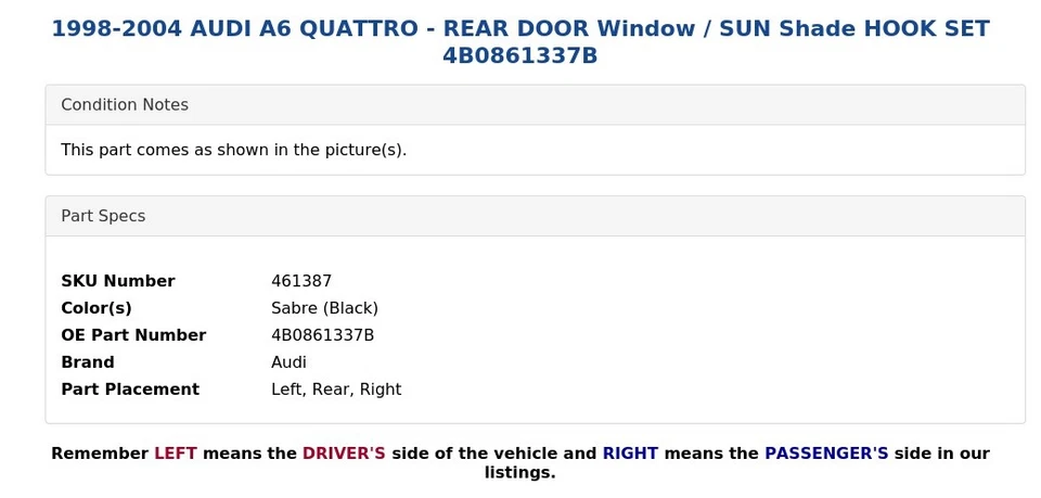 1998-2004 AUDI A6 QUATTRO - REAR DOOR Window / SUN Shade HOOK SET 4B0861337B - Image 3 of 4
