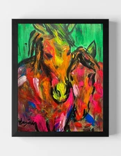 GUAJARDO Original Expressionism Colorful Horse Snuggle 14X11 Canvas Signed Art
