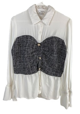 Venus black tweed bustier blouse top long sleeve bell cuff size 10