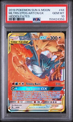 2019 POKEMON SUN & MOON HIDDEN FATES #44 MOLTRES & ZAPDOS & ARTICUNO GX PSA 10