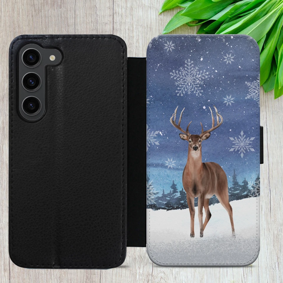 REINDEER FLIP CASE FOR IPHONE SAMSUNG GOOGLE WINTER SNOW GIFT WALLET PHONE COVER - Image 4 of 4