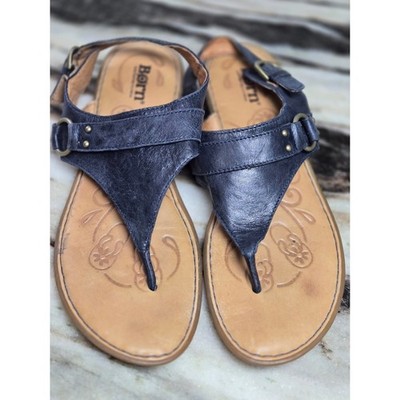 Born Womens Navy Blue Leather Thong Slingback Sandals Flat Shoes  Size 8 Summer
