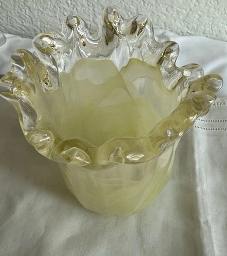 Vintage Murano Art Glass Yellow Swirl Ruffled Vase Small