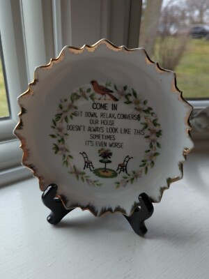 Vintage ''Come In'' Kitchen Home Wall Plate Poem Cardinal Gold Trim Retro Decor 7''