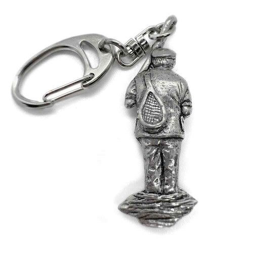 LLAVERO DE PELTRE INGLÉS FLY FISHERMAN GRUESO PLATA EN BOLSA AZUL ORGANZA PESCA - Imagen 1 de 2