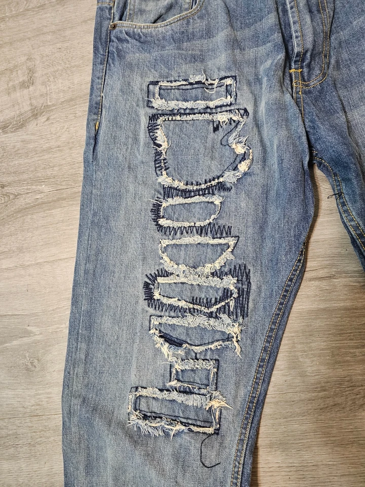 Pantalones de mezclilla Evolution Design para hombre desgastados destruidos parcheados 38 x32 Foto 3 de 4