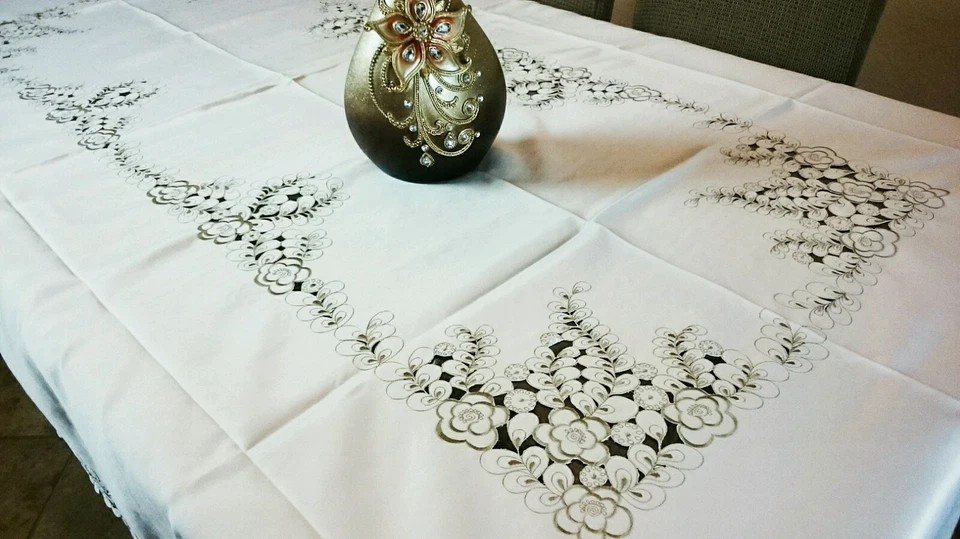 Embroidered Cutwork Peacock Embroidery Tablecloth Napkin 72x126" Elegant Linen - Image 3 of 4