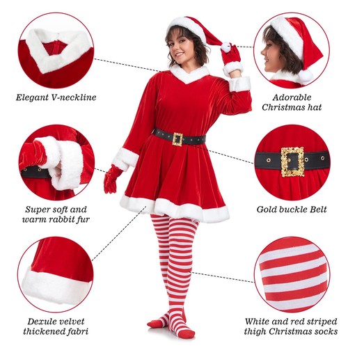 Women's Girls Christmas Costume Red Dress Santa Claus Cosplay Xmas Outfit Dress - Bild 5 von 7