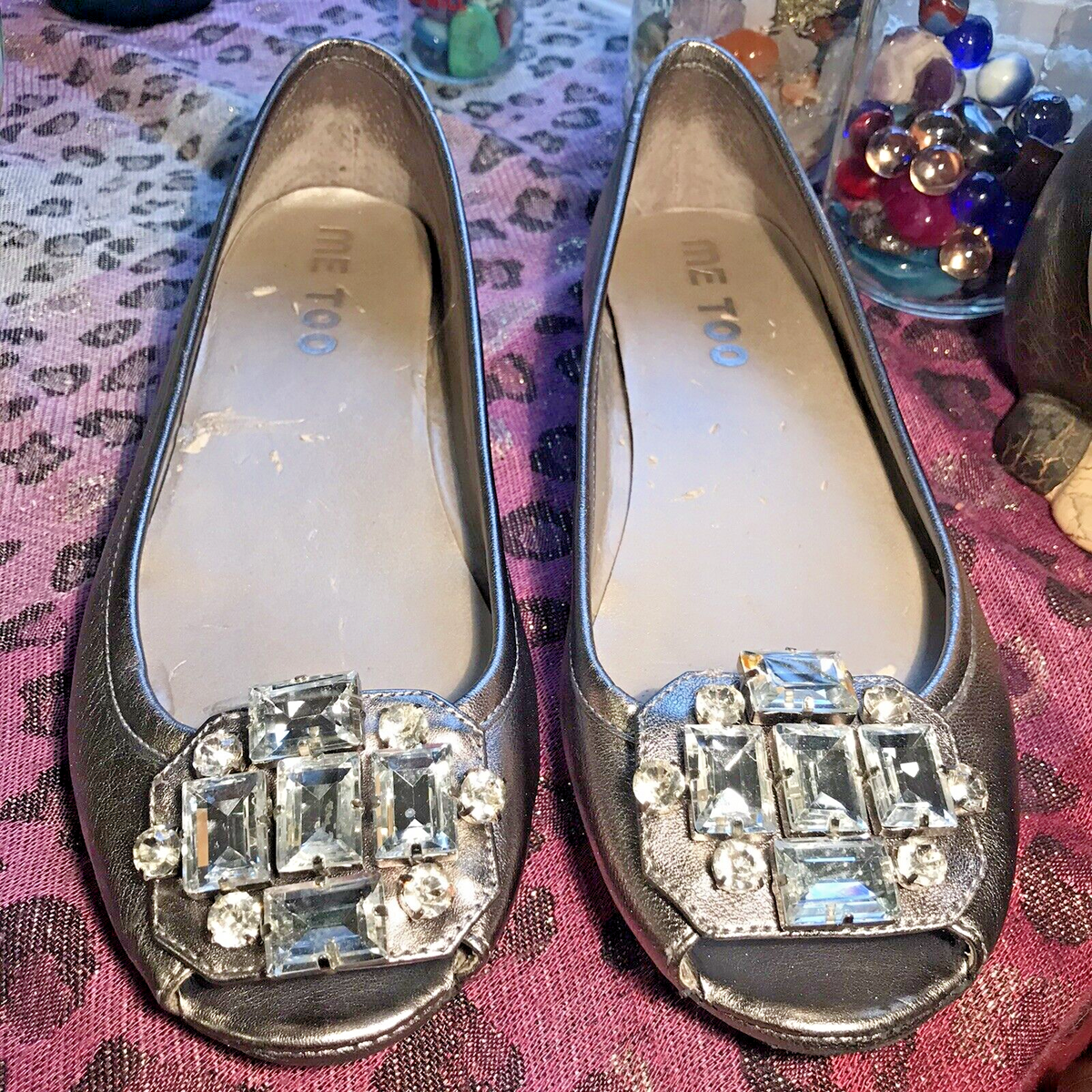 ME TOO Flat Shoes Open Toe Rhinestone Bling Buckle Silver Leather