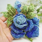 Vintage Blue Rose Flower Bud Leaf Crystal Woman's Brooch Pin Rhinestone Corsage