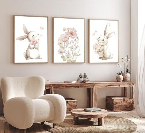 3 Pcs Pink Bunny Canvas Wall Art Bunny floral watercolor Nursery 16x24in Poster - Picture 3 of 7