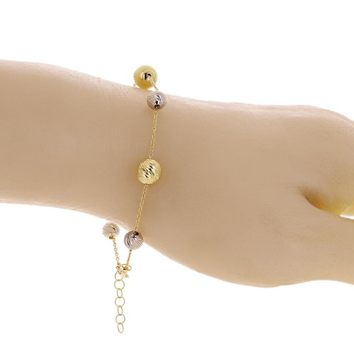 Italian 14k Two-Tone Gold Diamond Cut Ball Bead Station Bracelet 8.5" 6mm & 8mm - Picture 4 of 5