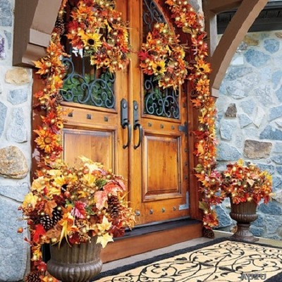 Festive Fall Decor Collection On Lighted Pre Lit Sunflower Outdoor Fall Harvest Decor Set Wreath Garland Urn Fill
