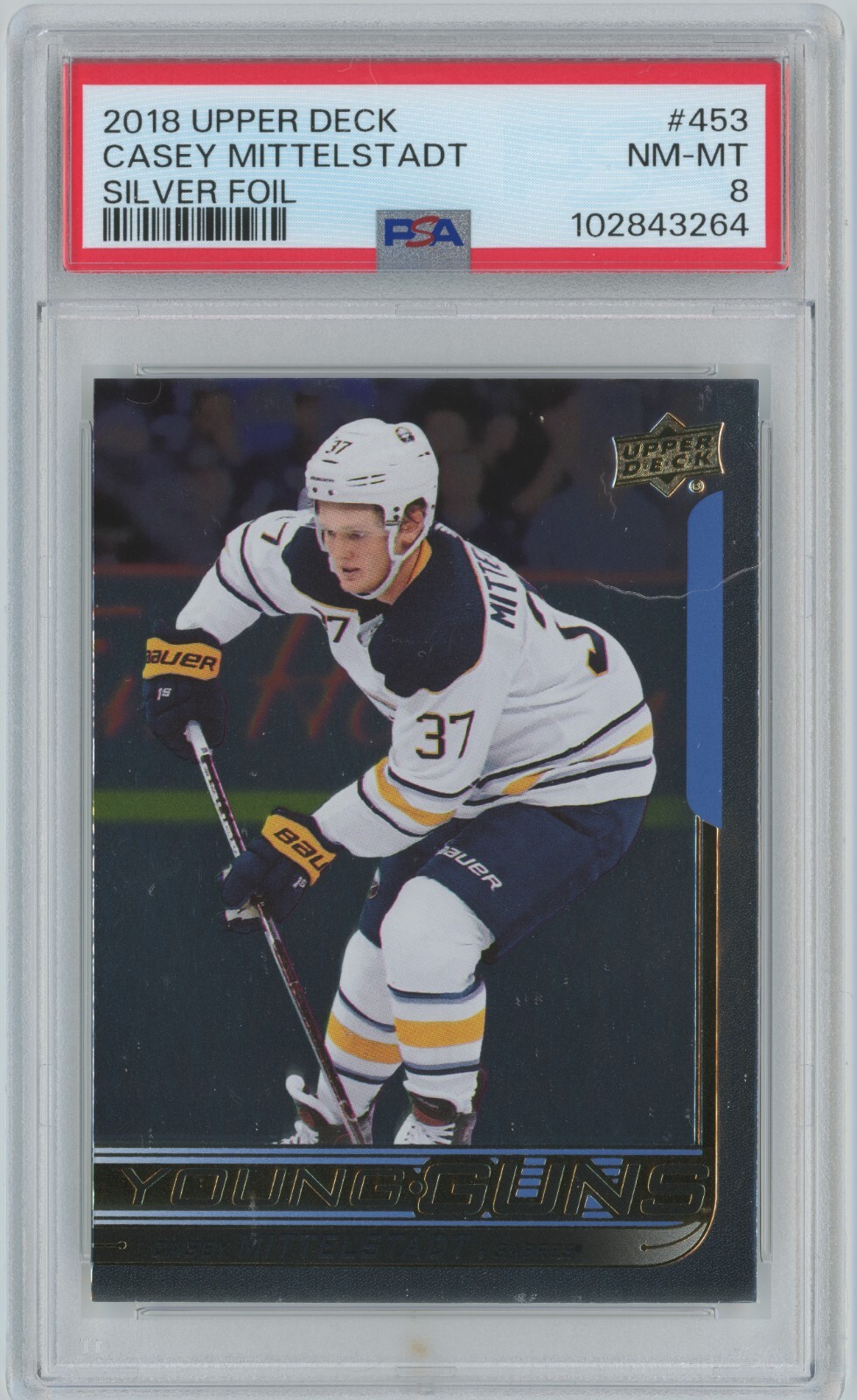 2018-19 Upper Deck Young Guns #453 Casey Mittelstadt (RC) Silver Foil PSA 8