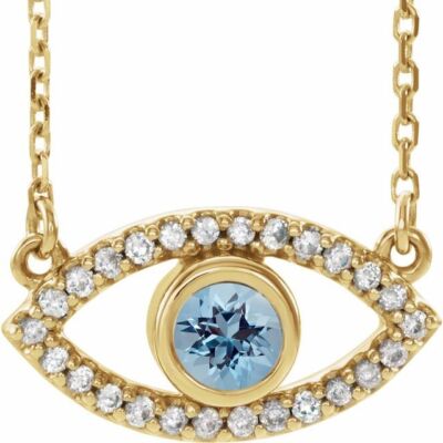 14K gelber natürlicher Aquamarin & natürlicher weißer Saphir Evil Eye 18'' Halskette