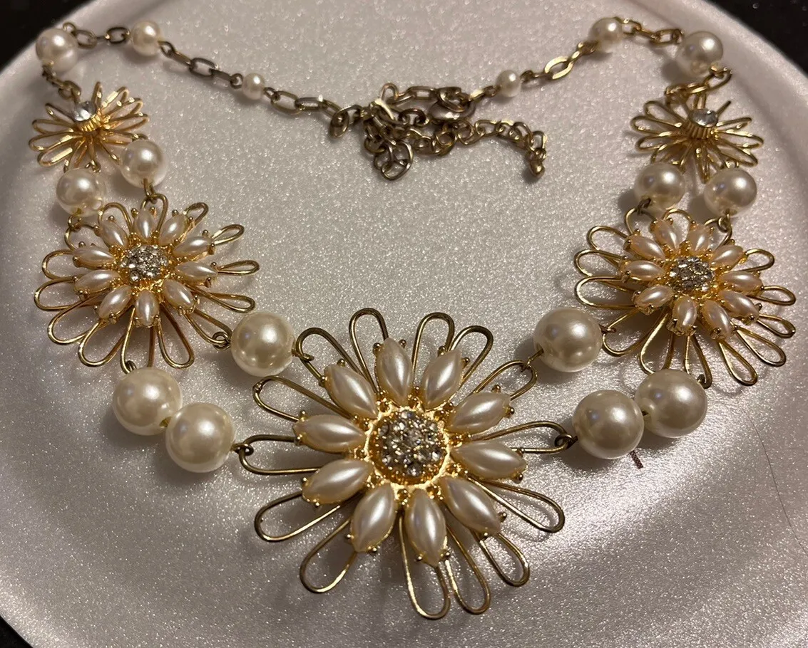 Vintage Necklace Pearl Rhinestones Flowers Chunky Large Statement Jewelry