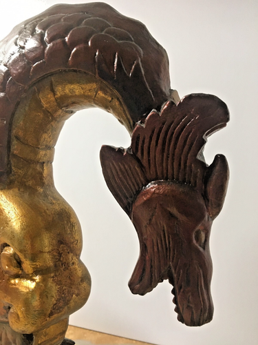 VINTAGE PAIR WOOD CARVED PAINTED DRAGONS IN THE CLOUDS SCULPTURE , WOOD BASE - Picture 10 of 16